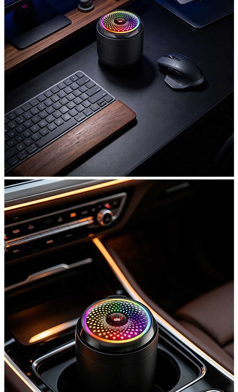 Car-mounted colorful ambient ashtray with press-to-open lid, anti-flyash, flame-retardant inner liner, universal car storage ashtray