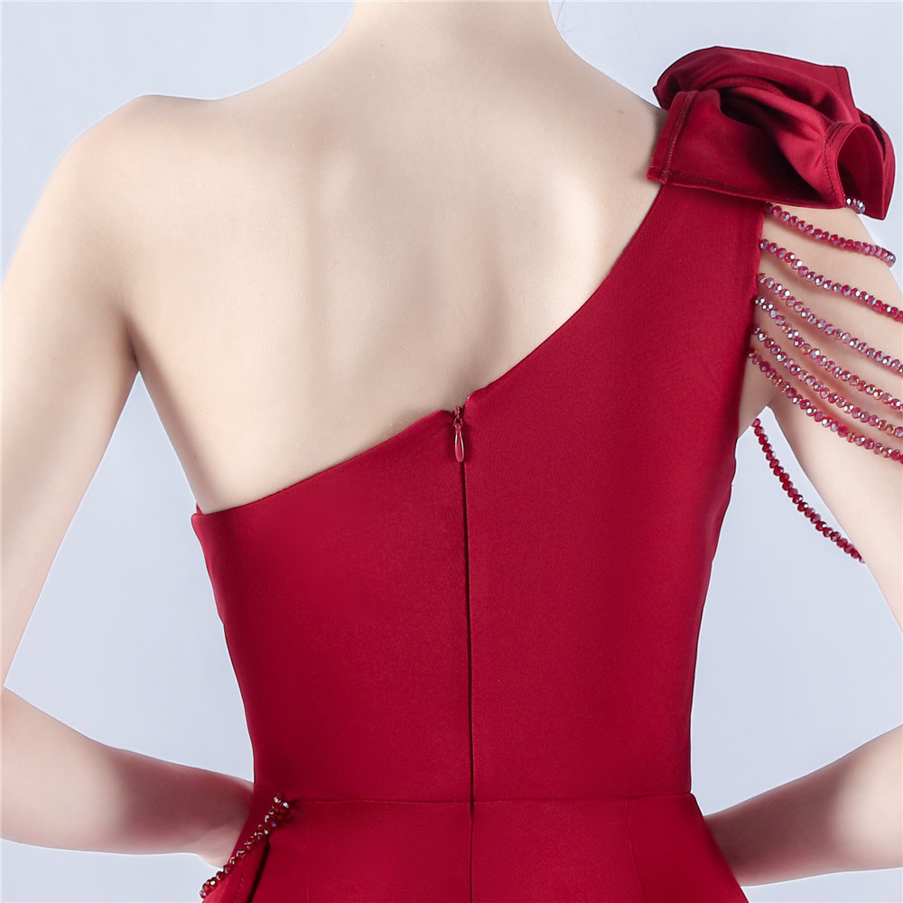 Women Clothing Heavy Industry Beads Handmade Artistic Floral Pleated Craft Satin off the Shoulder High Fork Evening Dress