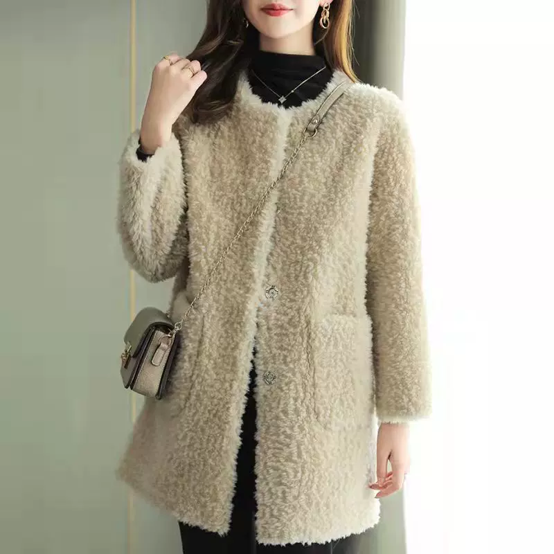 代发23冬季新款颗粒剪绒大衣皮草外套中长款仿羊羔毛皮毛一体女跨