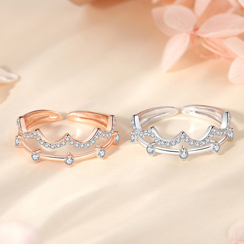 S925 silver double-layer crown women's ring European and American cross-border wave ring women's full diamond Amazon live mouth inlaid zircon jewelry