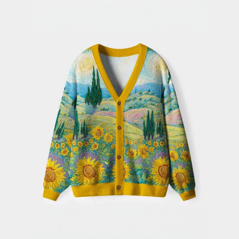 Printed Knit Cardigan for Women, V-neck Loose Sweater Coat, New Spring and Autumn Sunflower Pattern Fashion Top Printed Knit Cardigan for Women, V-neck Loose Sweater Coat, New Spring and Autumn Sunflower Pattern Fashion Top