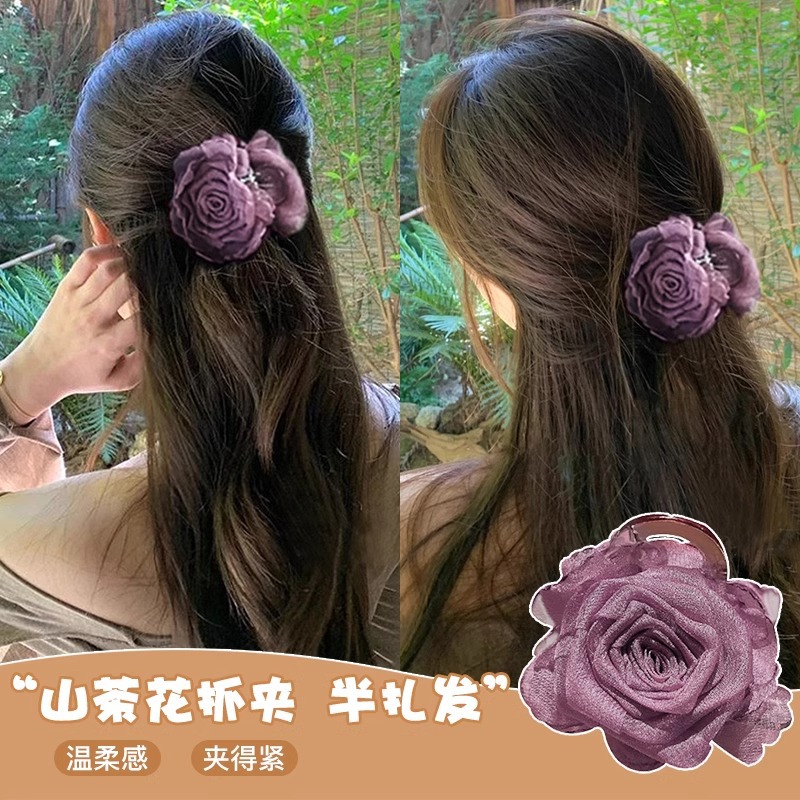 Nuevo estilo chino camellia agarrar clip de cabello de flores de cabello de cabeza de mujer de alto nivel de sensibilidad clip de tiburón tocado clip de cabello