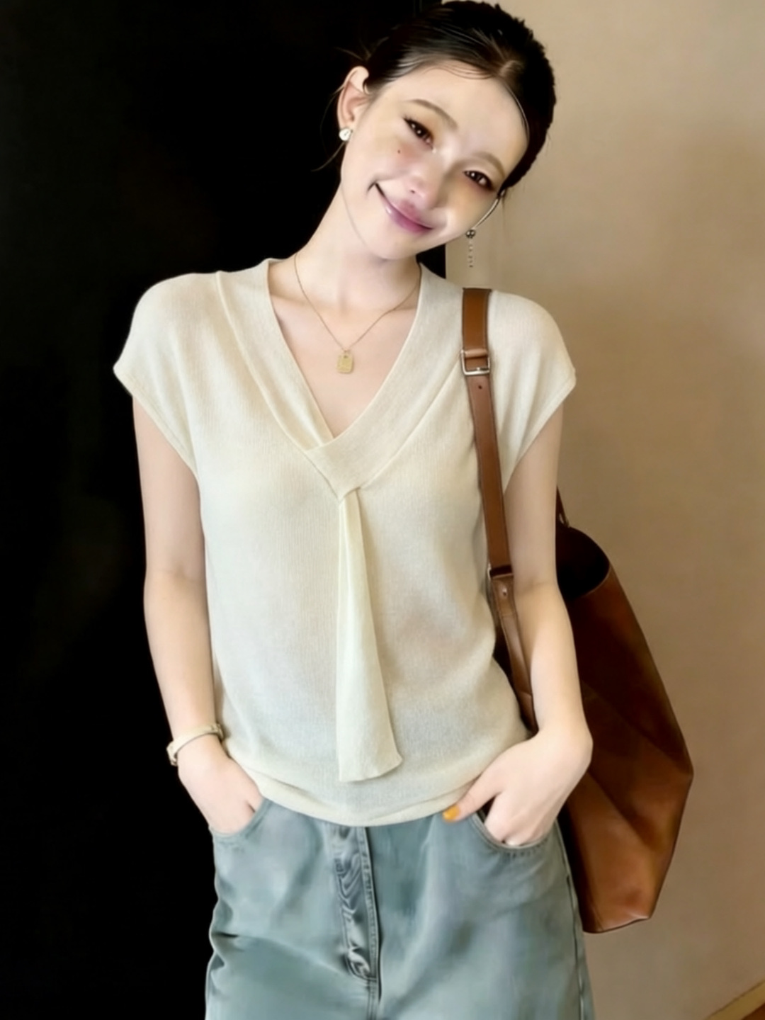 Áo dệt kim cổ V tay ngắn phong cách Pháp thanh lịch — màu đen