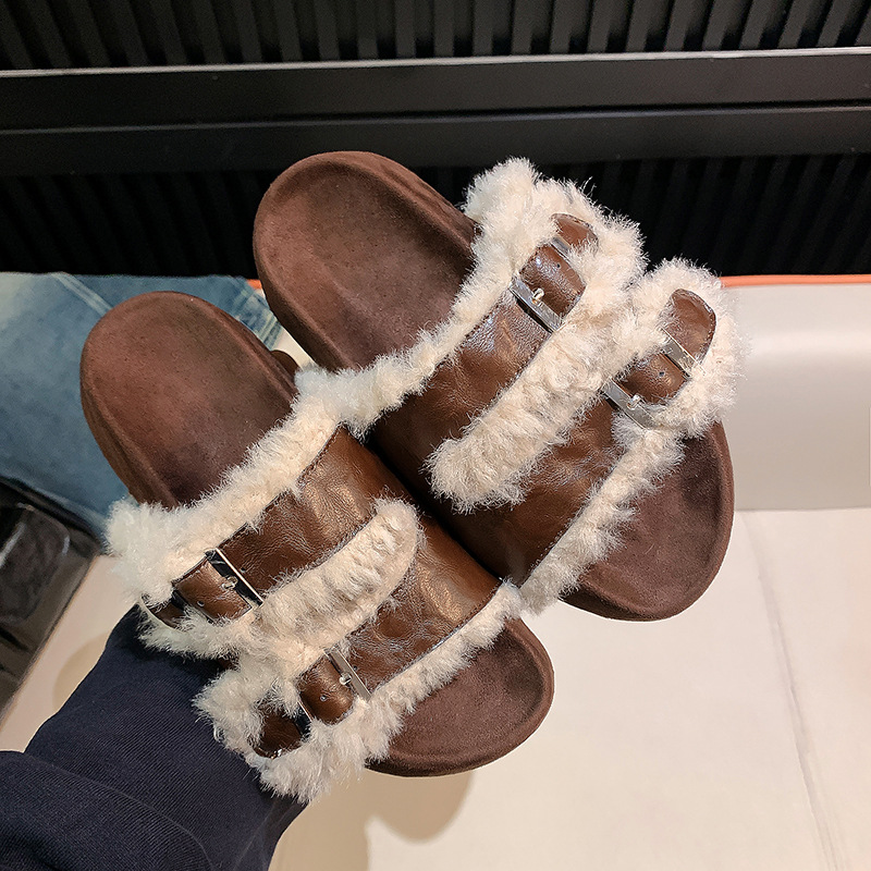 2025 modelo de otoño Mocha Otoño ~ calentamiento con hebilla de lana de cordero gruesa zapatillas de cuero de mujer