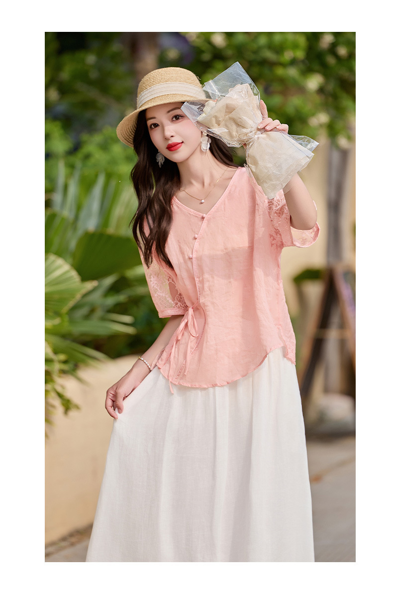 Bộ đầm tân cổ điển nữ hai mảnh áo phối chân váy midi thắt eo — Màu hồng, màu trắng ngà chi tiết 17