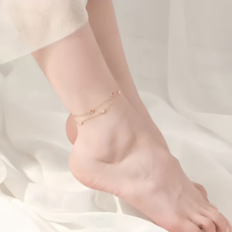 S925 二層四つ葉のクローバーアンクレット女性用スターリングシルバーインフォレストローズゴールドライト高級ハイエンド気質フットジュエリーシンプル|undefined