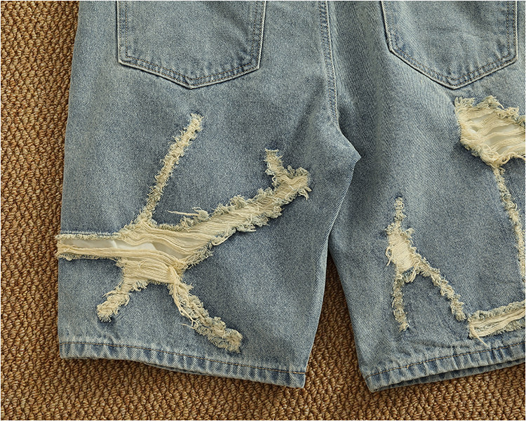 Men's Light Blue Distressed Denim Shorts Relaxed Fit Casual Summer Shorts 5-Inch Inseam_viptrois.com