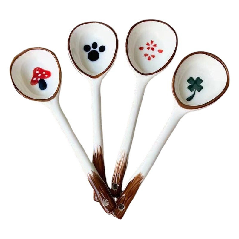 Cuchara de cerámica de alto aspecto lindo personalizado hecho a mano cuchara retro simple mango largo cuchara doméstica