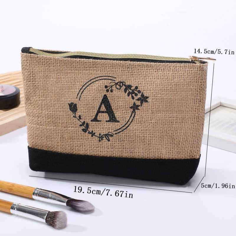 Portable jute zipper coin purse, letter printed makeup storage toiletry bag, key bag_voghion.com