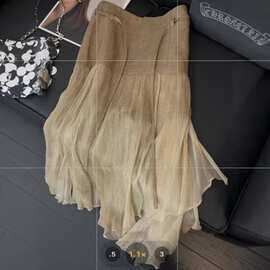 亚麻系拼半身裙女规则小众设计感5新网纱飘逸a字中长裙