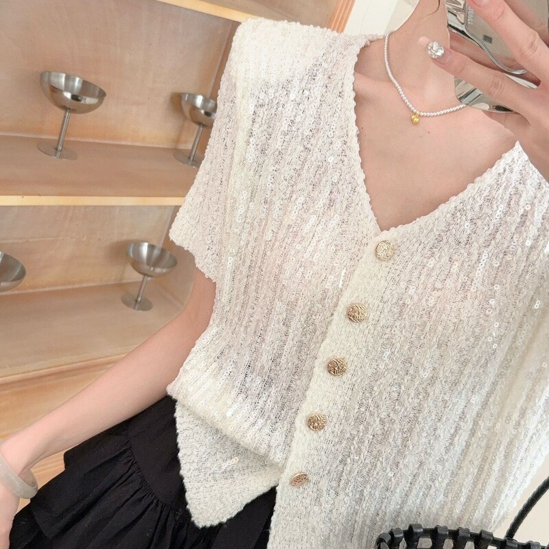 Korean-Style Round-Neck Rose Print Knitted T-Shirt for Women, 2026 Summer New Lightweight Breathable Elegant Top, Old Money Style