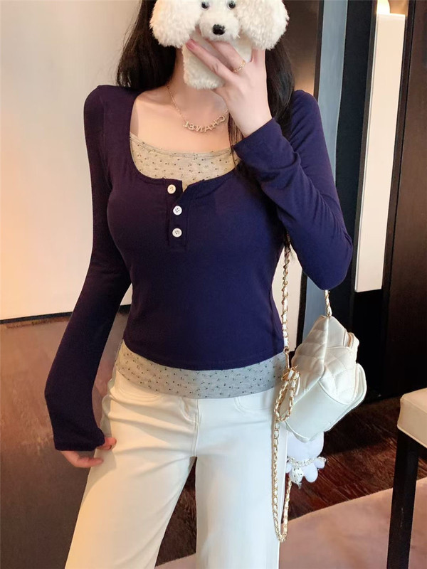甜辣妹风假两件拼接碎花长袖T恤女秋季修身显瘦正肩上衣|undefined