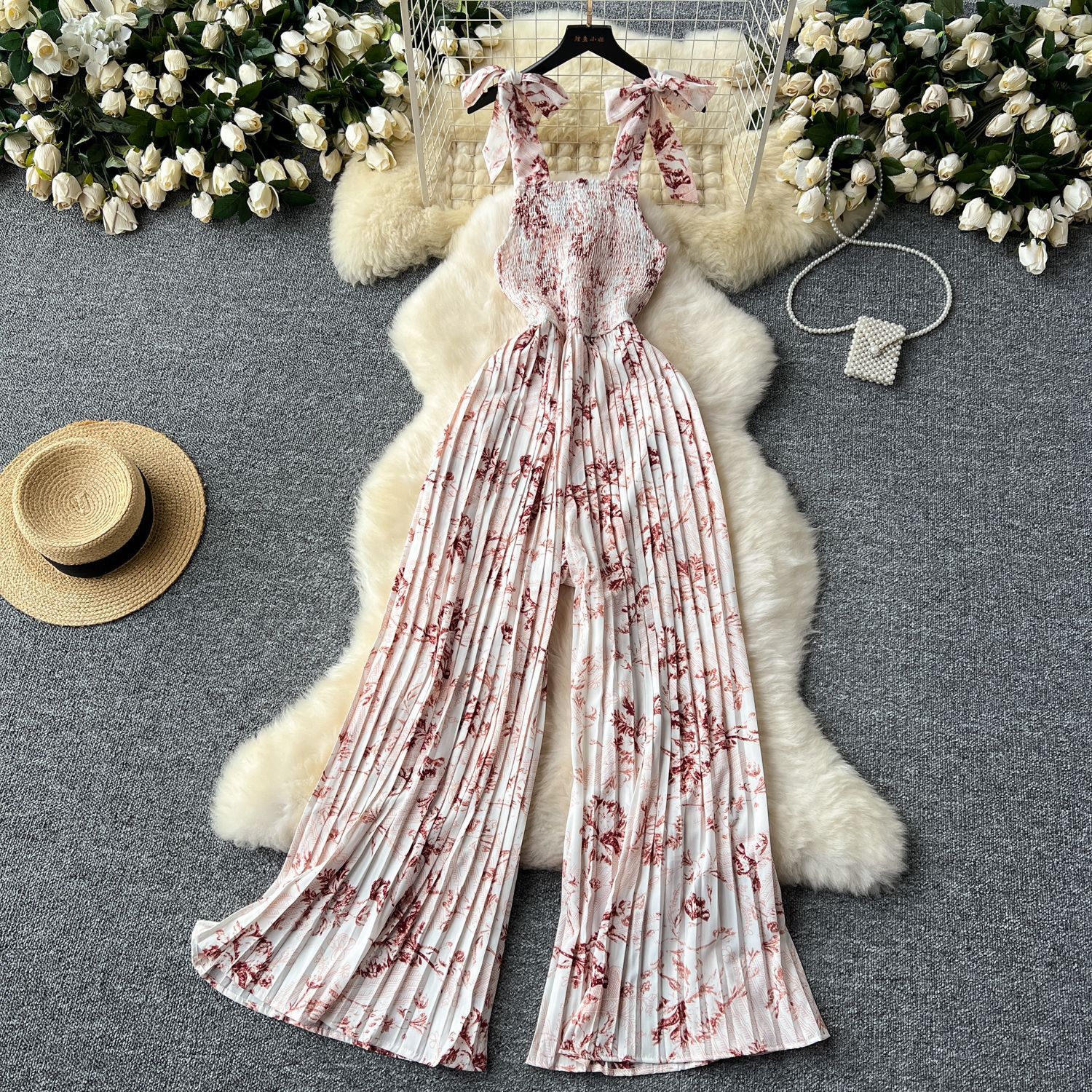 Viajes y vacaciones con mono para mujer, pliegues elásticos de verano, cintura, tirantes florales, pantalones largos de pierna ancha, pantalones de playa
