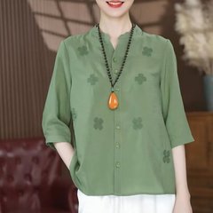 ドロップシッピング人気の刺繍入りミッドスリーブシャツ2025夏の新しいファッショナブルなVネックシャツカーディガン