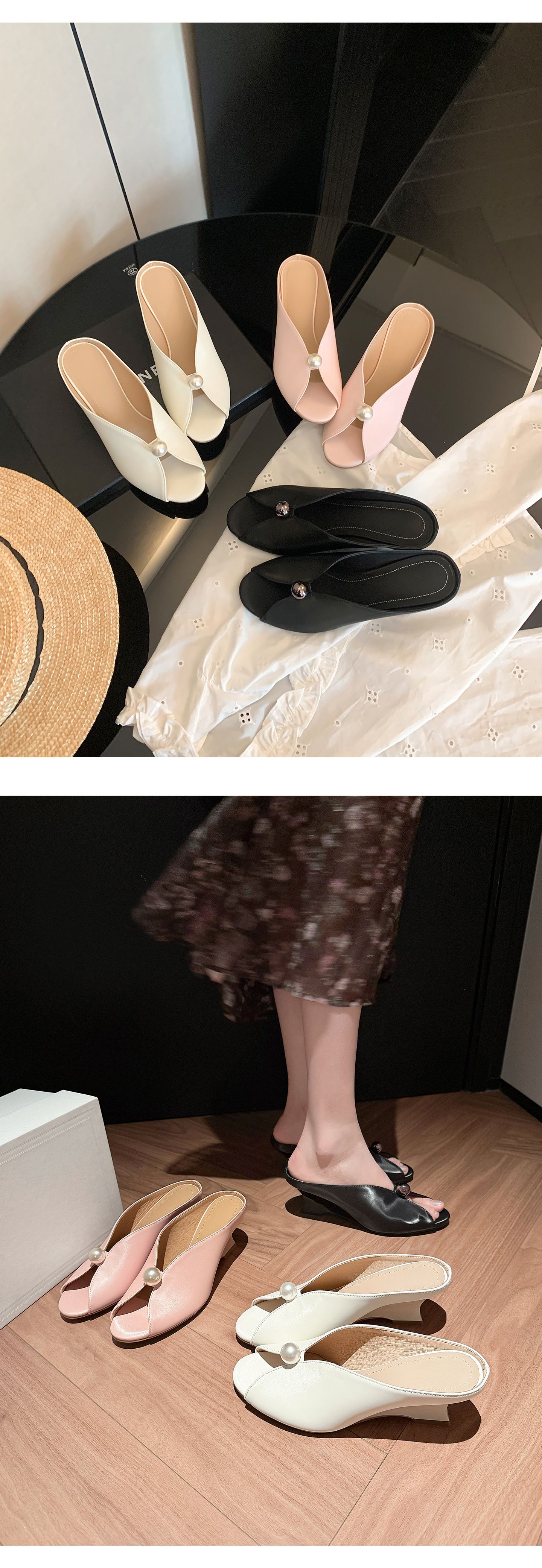 Sandal cao gót nữ hở mũi phong cách Chanel, gót xuồng 7 cm, quai ngang, đi biển hè — màu đen, màu hồng, màu trắng chi tiết 21