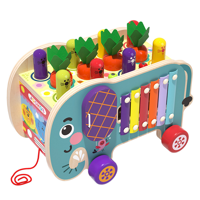 Juguetes multifuncionales para niños elefantes tocando piano arrastrando martillo golpeando pareja de juguetes de madera interactivos padres e hijos