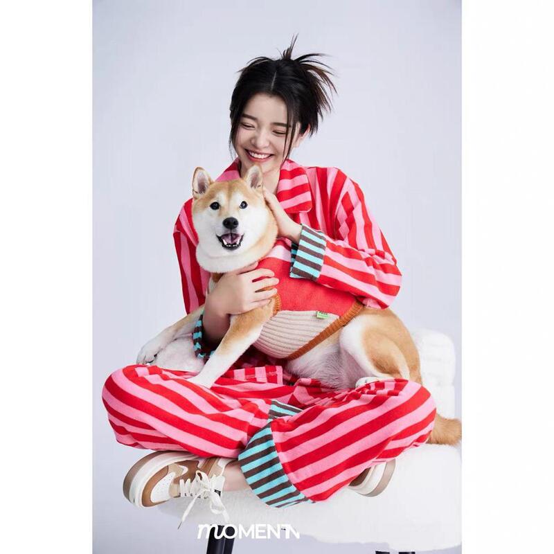 2024 Autumn and Winter Puppy Color-Block Terry Cloth Loungewear Unisex Long-Sleeve Loose Striped Pajamas Casual and Comfortable
