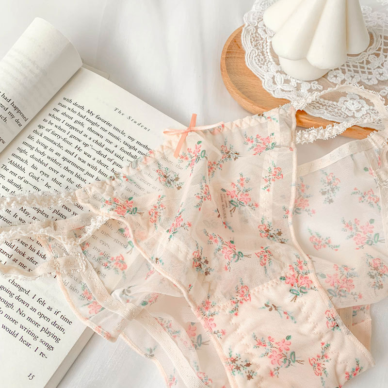 Pastoral Style Girl's Lace Underwear Girl's Sexy High Face Value Pure Desire Low Waist Transparent Printed Briefs Head Floral Print