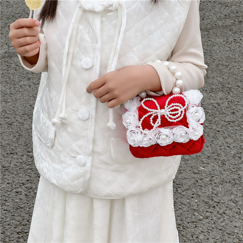 Otoño y invierno nuevo bolso de princesa infantil bolso pequeño cuadrado rojo de chicas cadena de hombro mochila de perlas bolso de cambio
