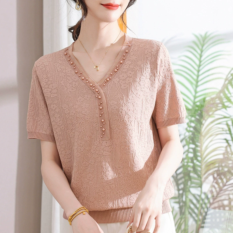 2025 Весенне-осенний модный вязаный свитер для мам, уменьшающий возраст, весенне-осенний новый женский осенний стильный топ для женщин среднего и пожилого возраста с v-образным вырезом