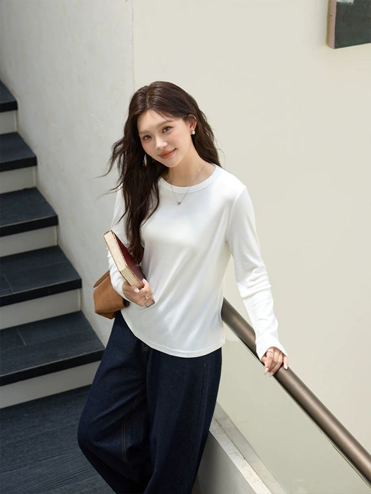 Multicoloured long-sleeve, body-friendly T-shirt for leisure, plus size, round collar, fitted