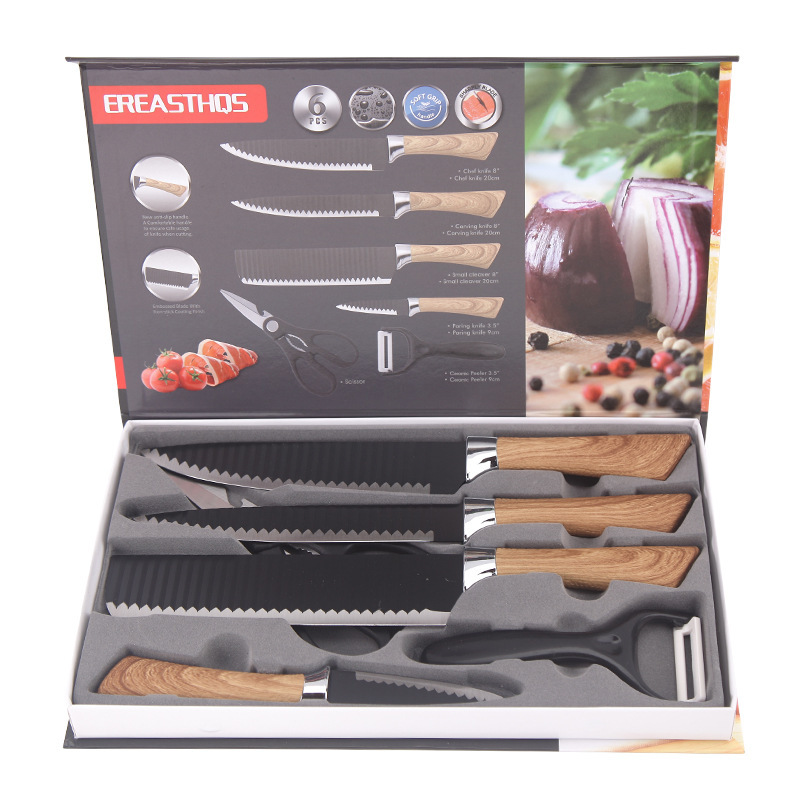 Comercio exterior cuchillo de acero inoxidable madera herradura mango conjunto de cocina set seis piezas cuchillo de cocina cuchillo de frutas cuchillo de regalo