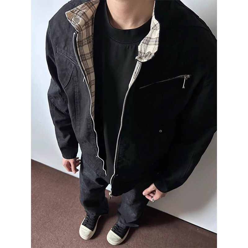 American High Street Style Canvas Stand-Collar Denim Jacket for Men, Spring and Autumn Washed Heavy Baseball Jacket, Harrington Workwear Jacket