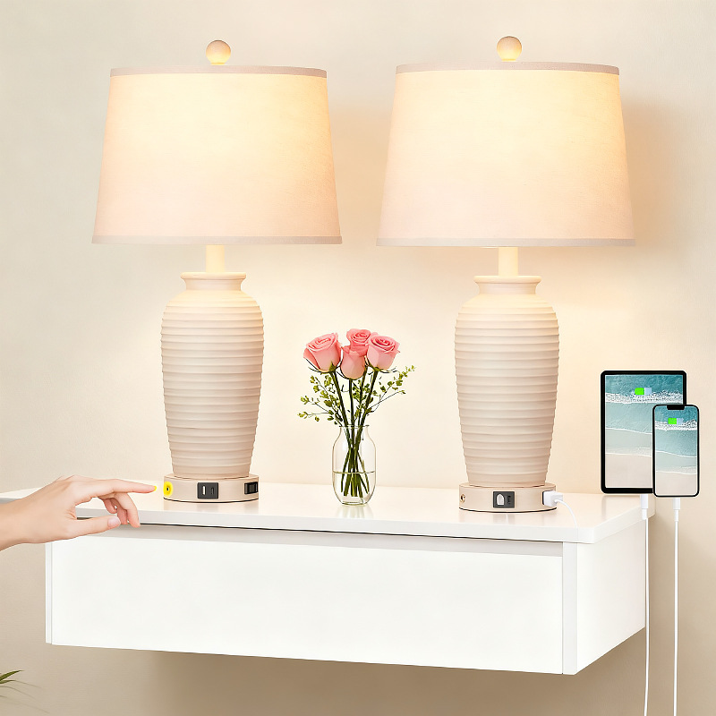 Farmhouse Jar Table Lamp Touch Control Rustic Bedside Lamp with Us Port Socket Bedroom Living Room Nightstand Light