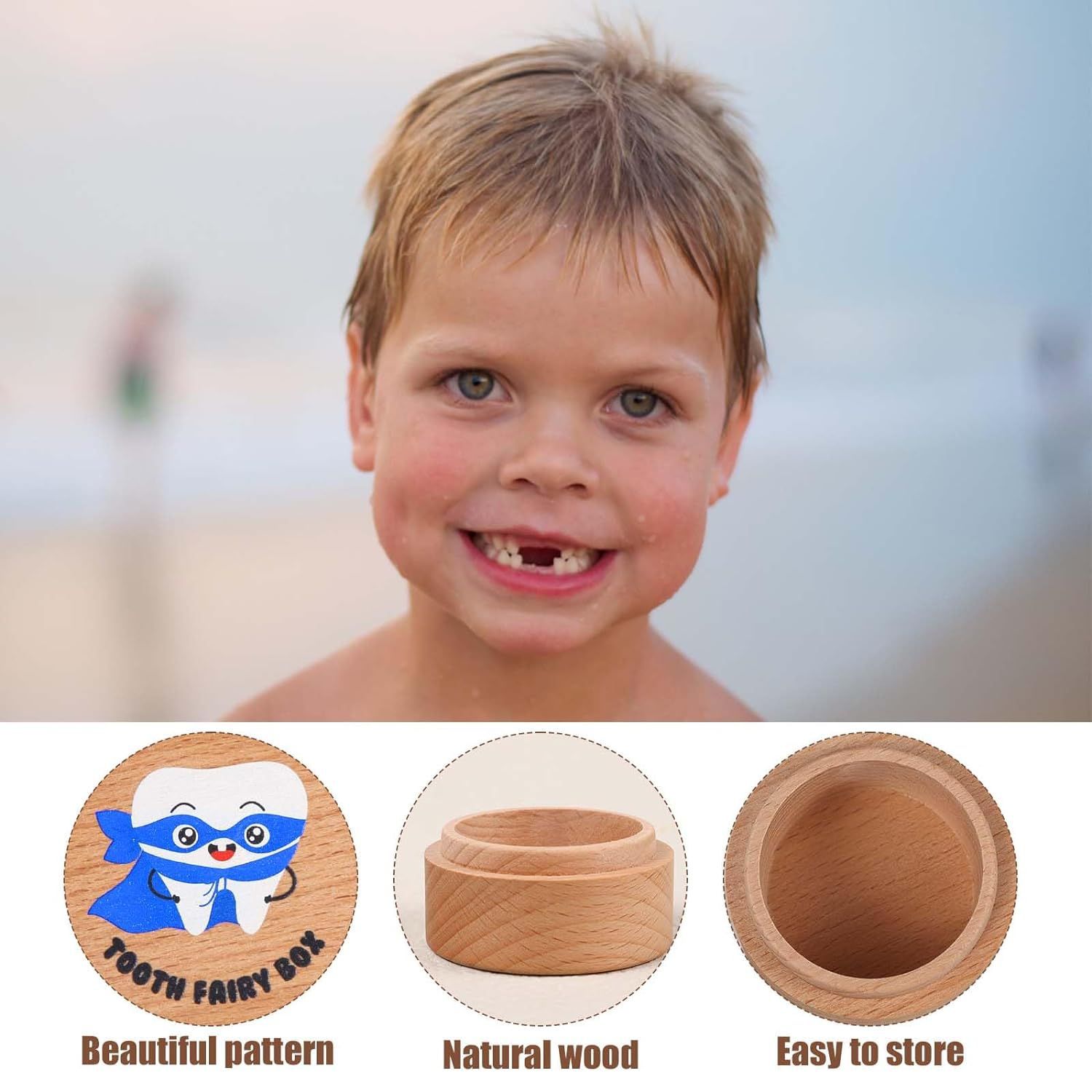 Patrón de impresión de madera creativo con tapa caja de madera de almacenamiento de cambio de dientes para niños caja conmemorativa de cambio de dientes de bebé masculino y femenino