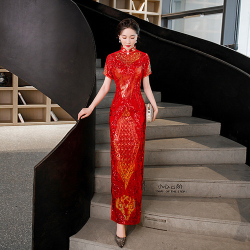 Red Velvet sequined chinese dresses retro oriental qipao dresses for women wedding party cheongsam miss etiquette host singers performance cheongsam for lady