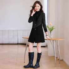 冬季新款时尚拼接条纹西装外套女风衣修身气质职业女士毛呢大衣