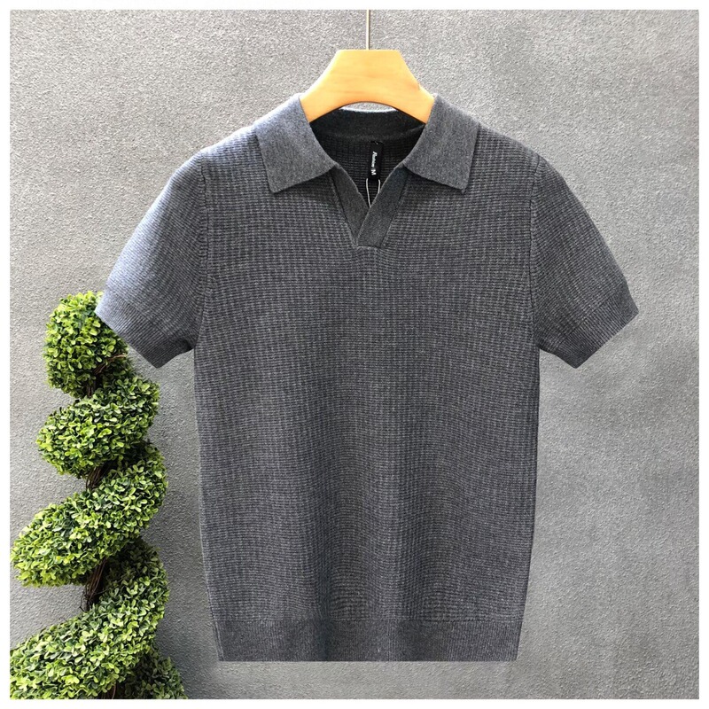 Cross-Border Men's Stylish V-Neck Solid Color Knitted Polo Shirt Slim Fit Korean Style Short-Sleeve T-Shirt Casual Retro Top Trendy