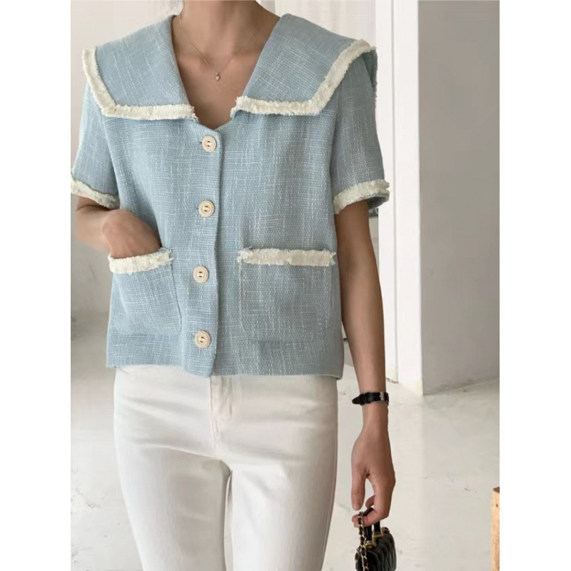 Korean Chic Retro Age-Reducing Lapel Loose Single-Breasted Short-Sleeved Top with Contrasting Edge Navy Collar Cardigan Jacket