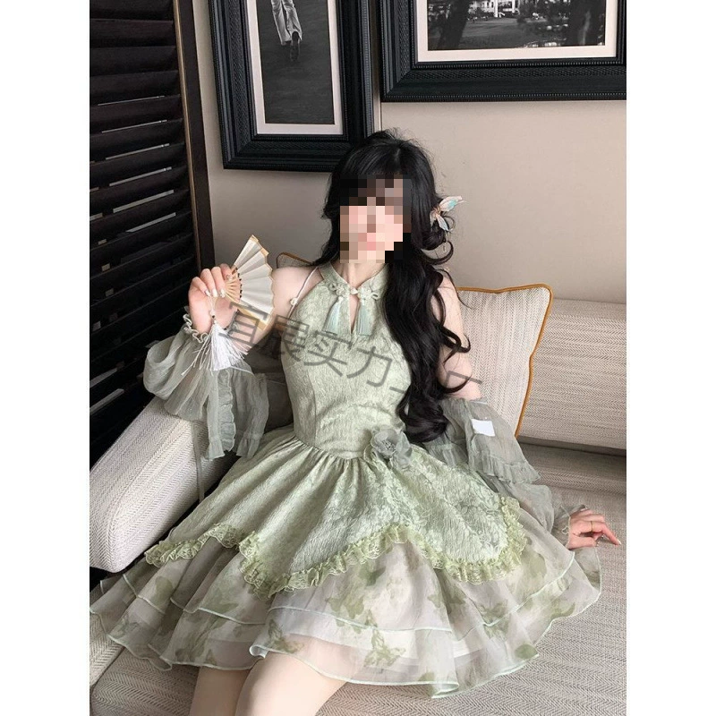 Cuiweifengyu, китайский стиль, нежное жаккардовое платье без рукавов с вырезом на шее и открытыми плечами, пышное платье, летний костюм