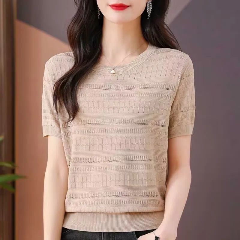 Ice Silk Knitwear Round Neck Short-Sleeved T-Shirt New Summer Style Loose Cut Out Thin Shirt Top Light and Thin