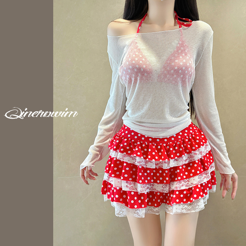 Plus-Size Women's Three-Piece Swimsuit Set with Long Sleeves, Retro Polka Dots, Sweet Style for Slightly Chubby Girls, Covers the Body, Suitable for Hot Springs
