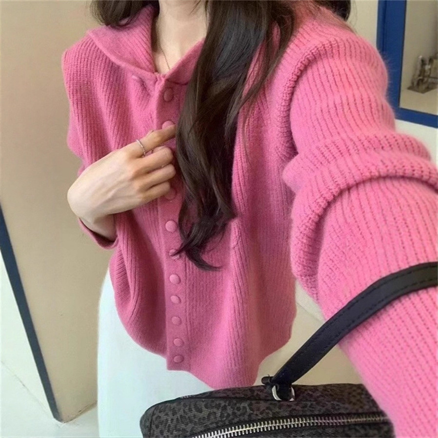 Korean Pure Color Single-Breasted Hooded Knitted Cardigan for Women 2025 Autumn and Winter New Candy Color Knitted Jacket Top
