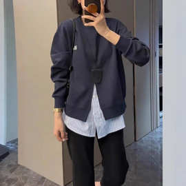 2025秋季新款遮肚显瘦假两件长袖卫衣女大码胖mm慵懒宽松打底上衣