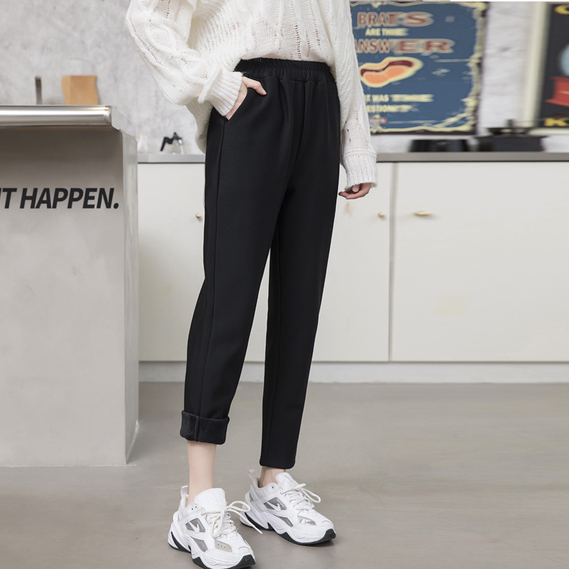 Fleece elastic trousers for leisure, internet celebrity, plus size, fitted