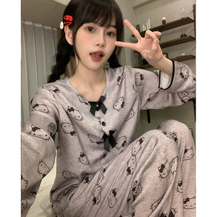 Cartoon Cotton Cute Women's Pajamas Spring and Autumn New Milk Grey KT Long Sleeve Ice Silk Comfortable Home Clothes suit