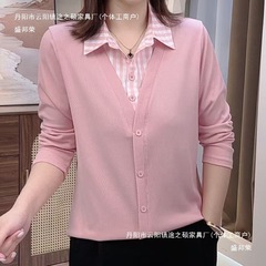 2025翻领减龄百搭春夏新款女装衬衫长袖显瘦拼接格子领假两件上衣
