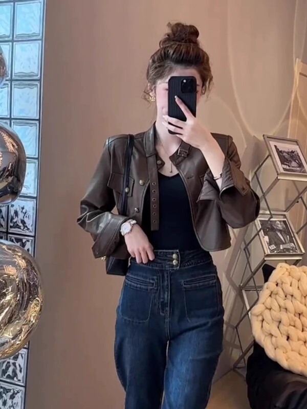 棕色短款皮衣外套女春秋美式复古流行小个子短款显瘦机车pu皮夹克|undefined