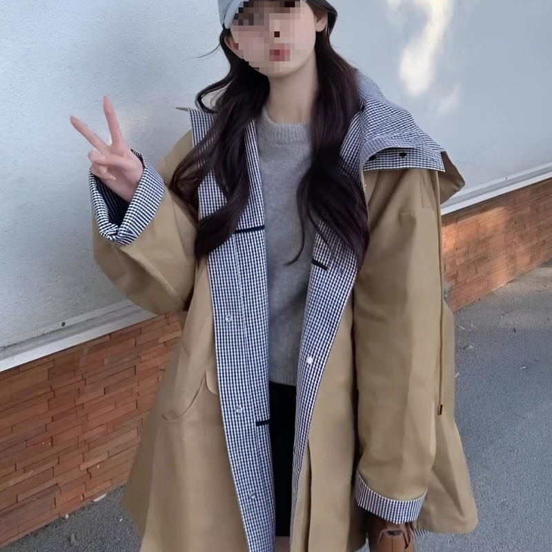 欧美风韩版格子拼接设计大衣外套女春夏款新款小个子连帽夹克风衣|undefined