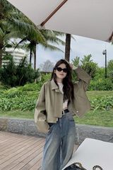 立领短款外套皮衣女2025年春秋季新款美式复古感宽松休闲夹克