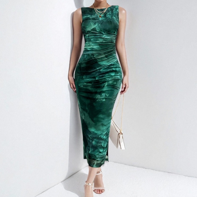 Round Neck Neckline Slim Fit Type Wholesale Women's Elegant Style Temperament Commuter Printing Plant Flowers Office Daily Date Round Neck Sleeveless Hip Skirt