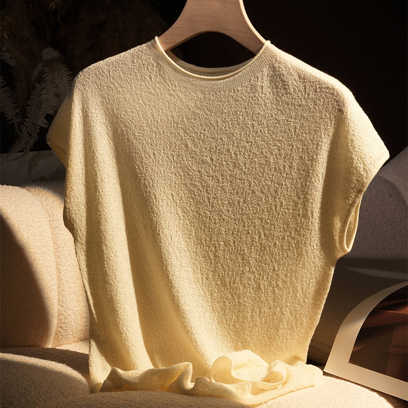 Textured! Fly Sleeve Round Neck Knit Top for Women, Seamless Lazy Style Acetate Wool Base Layer