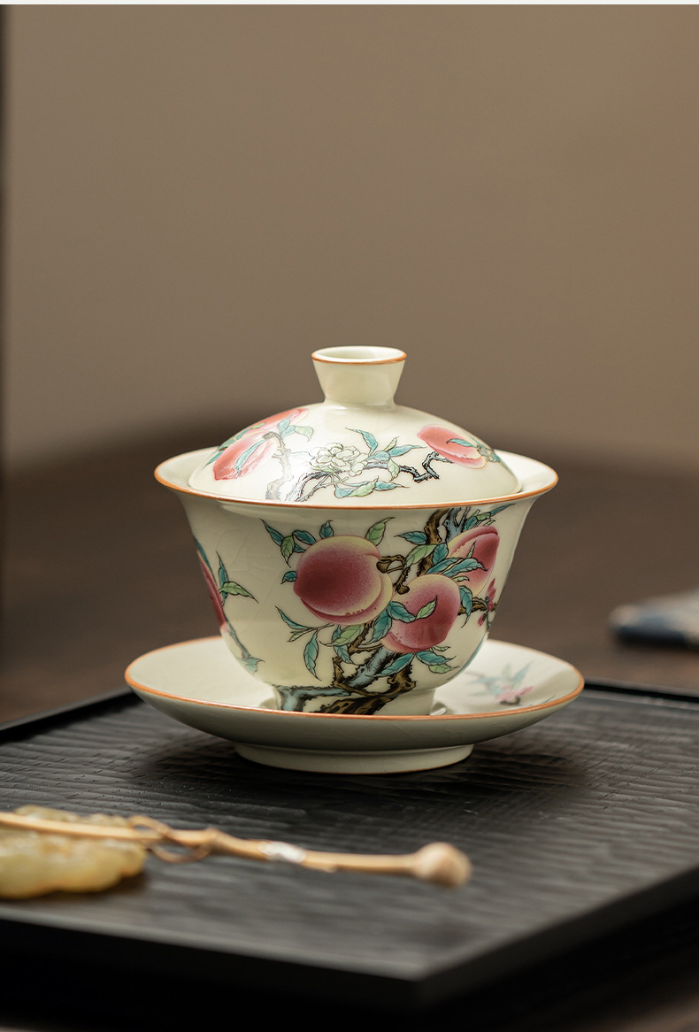 汝窯九桃三才蓋碗中式創意茶杯開片可養不燙手茶碗功夫茶具禮盒裝|咖啡