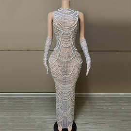 跨境爆款性感紧身珍珠水钻连衣裙派对礼服夜店欧美女gogo演出服
