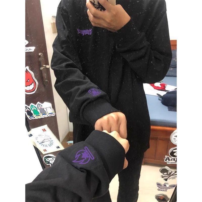 100% schwere nationale Modemarke Retro Flammen druck Langarm T-Shirt Männer und Frauen ins Herbst Nischen Paar Top High Street