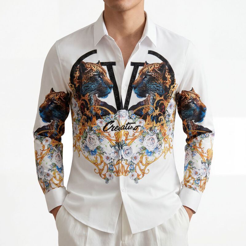 Luxury Men's Long-Sleeve Shirt with a High-End Feel, 3D Digital Print, Rhinestone Leopard Design, Non-Iron, Loose Fit, in Stock for Wholesale Luxury Men's Long-Sleeve Shirt with a High-End Feel, 3D Digital Print, Rhinestone Leopard Design, Non-Iron, Loose Fit, in Stock for Wholesale